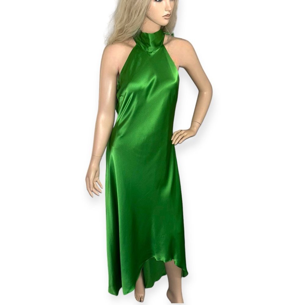 FRAME Draped Neck Tie Halter Dress in Bright Peridot Silk Size Large NEW - Picture 6 of 16